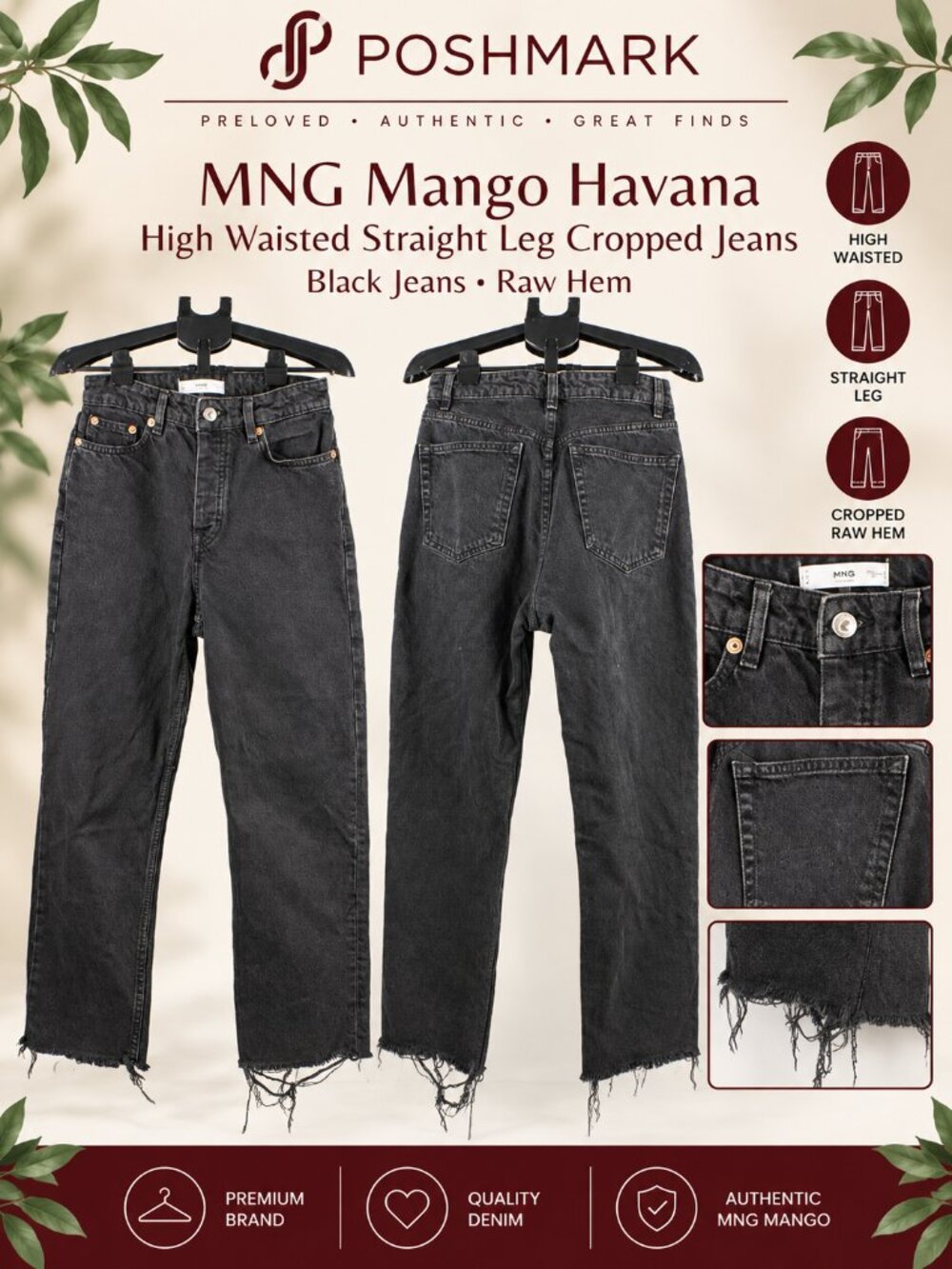 MNG Mango Havana High Waisted Straight Leg Cropped Black Jeans Raw Hem Size 3